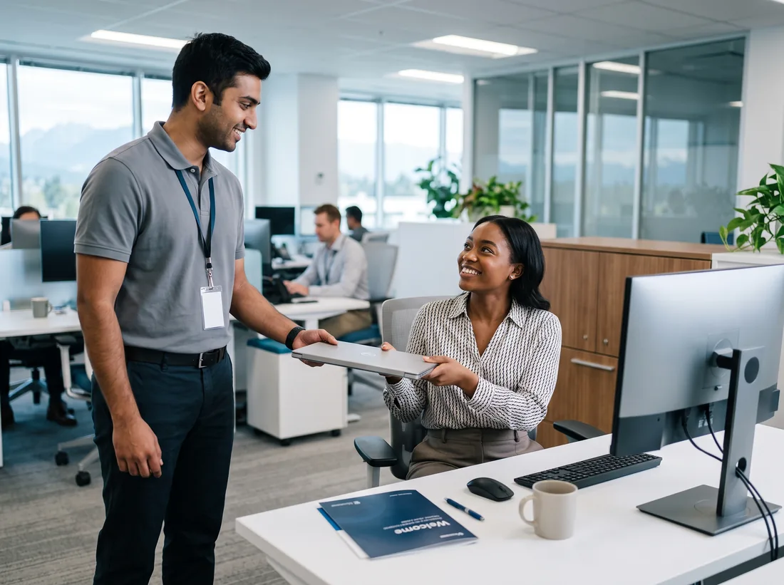 Technician handing a newly set-up laptop to a smiling new employee at her desk
