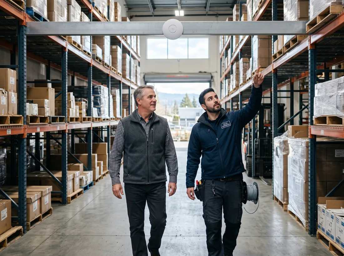 Business owner and IT technician walking a warehouse aisle, the technician pointing up at a Wi-Fi access point
