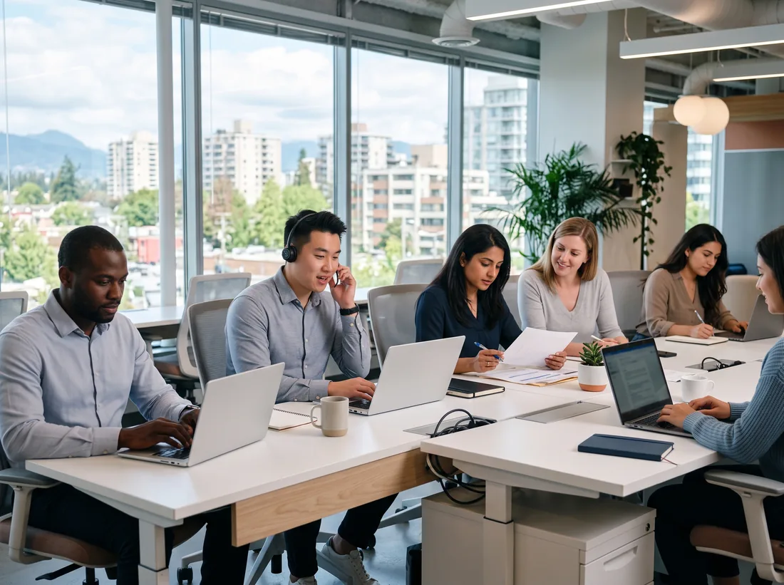 Small team of colleagues working at shared desks with laptops in a bright, modern Surrey office